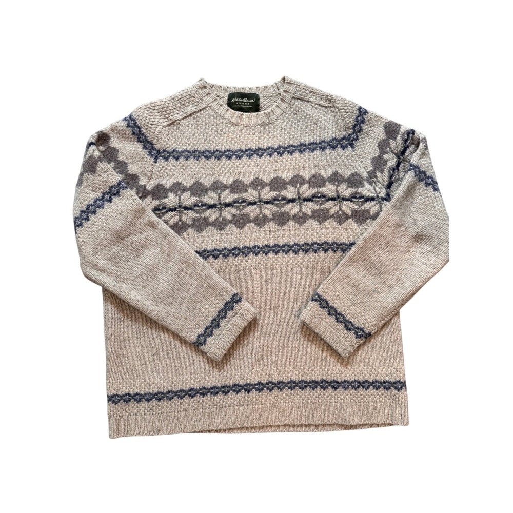 Eddie Bauer Heritage Mens XL Wool Fair Isle Sweater Tan Grey Heavy Knit Vintage